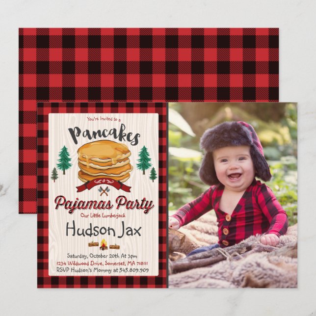 Pancakes And Pajamas Birthday Invitation Plaid (Front/Back)