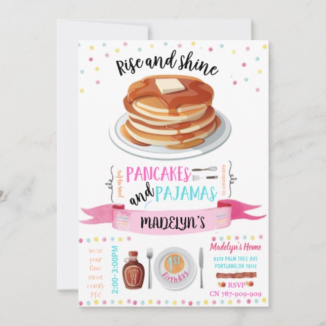 Pancakes and Pyjamas 1st Birthday Invitation Card (Front)