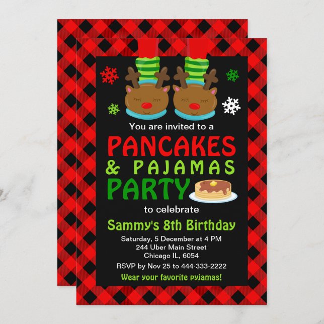 Pancakes and Pyjamas Birthday Reindeer Red Plaid I Invitation (Front/Back)