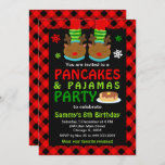 Pancakes and Pyjamas Birthday Reindeer Red Plaid I Invitation<br><div class="desc">Adorable Christmas reindeer slippers on a chalkboard background with red buffalo plaid. 
Graphics by PrettyGrafik</div>