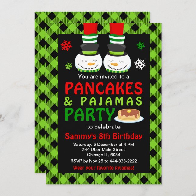 Pancakes and Pyjamas Birthday Snowman Green Plaid  Invitation (Front/Back)