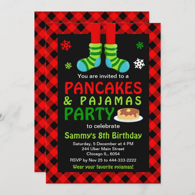 Pancakes and Pyjamas Birthday Socks Red Plaid Invi Invitation (Front/Back)
