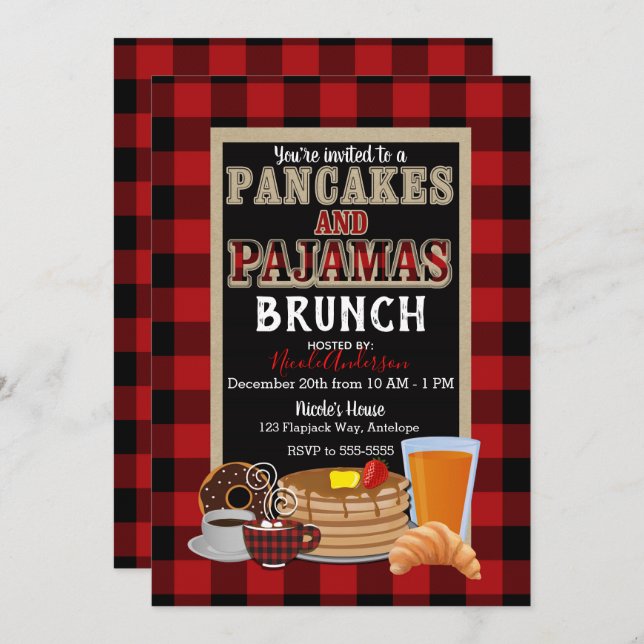 Pancakes and Pyjamas Brunch Red Buffalo Plaid Invitation (Front/Back)