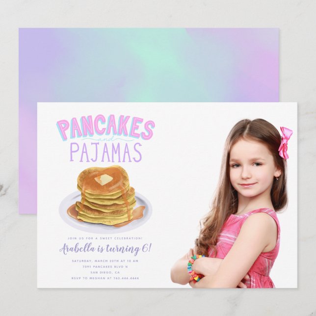 Pancakes and Pyjamas Girl Birthday Party Photo Invitation (Front/Back)