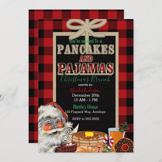 Pancakes and Pyjamas Holiday Red Buffalo Plaid Invitation (Front/Back)