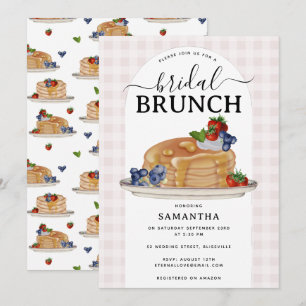 Pancakes Berries Brunch Pink Plaid Bridal Shower Invitation