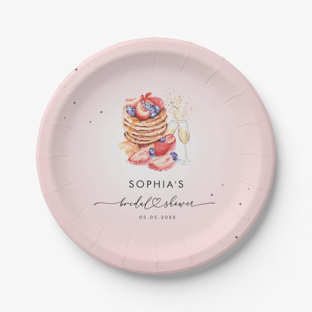 Pancakes Brunch & Bubbly Pink Bridal Shower Paper Plate (Front)