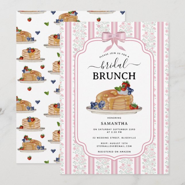 Pancakes Brunch Pink Botanical Bridal Shower Invitation (Front/Back)