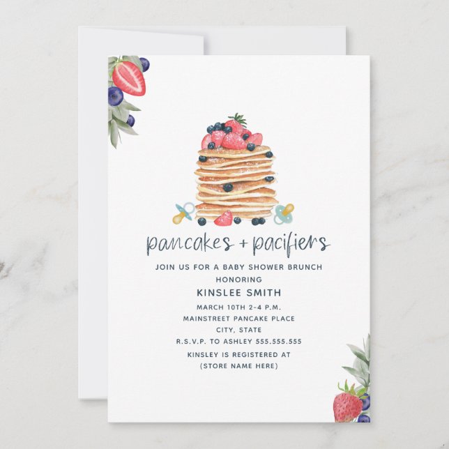Pancakes & Pacifiers Blue Brunch Boy Baby Shower Invitation (Front)