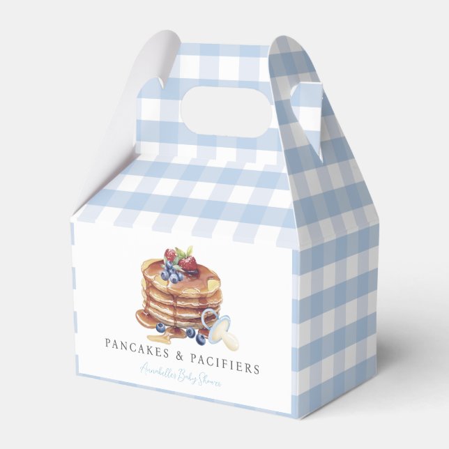 Pancakes & Pacifiers Blue Gingham Boy Baby Shower Favour Box (Front Side)