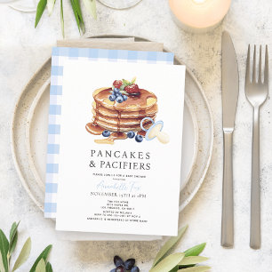 Pancakes & Pacifiers Blue Gingham Boy Baby Shower Invitation