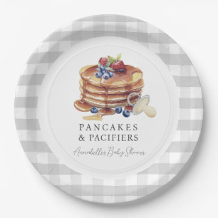 Pancakes & Pacifiers Gray Gingham Baby Shower Paper Plate