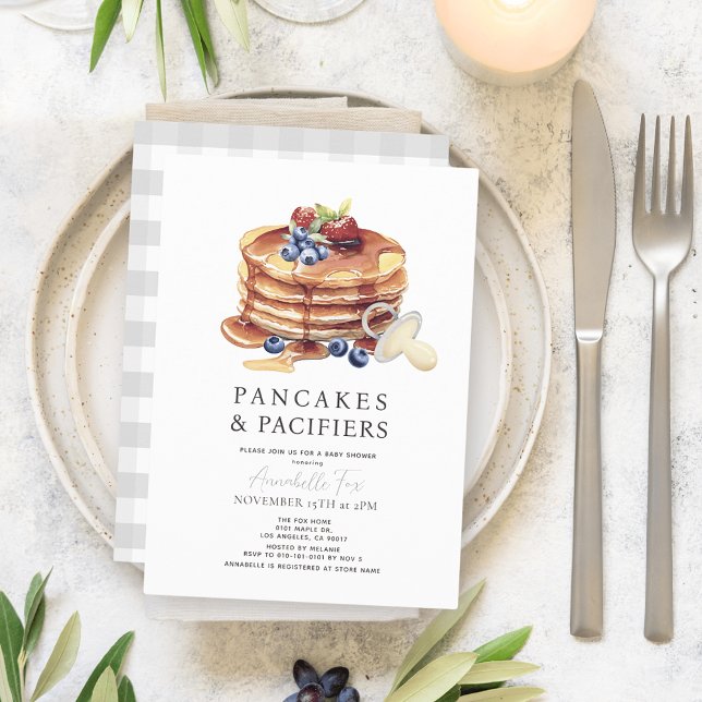 Pancakes & Pacifiers Grey Gingham Baby Shower Invitation (Creator Uploaded)