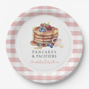Pancakes & Pacifiers Pink Gingham Boy Baby Shower Paper Plate