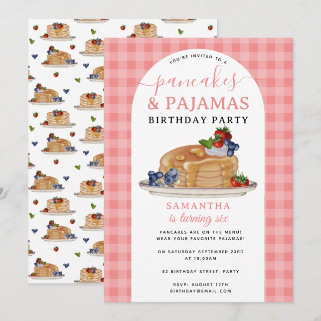 Pancakes Pajamas PJ's Girl Kids Birthday Party Invitation (Front/Back)
