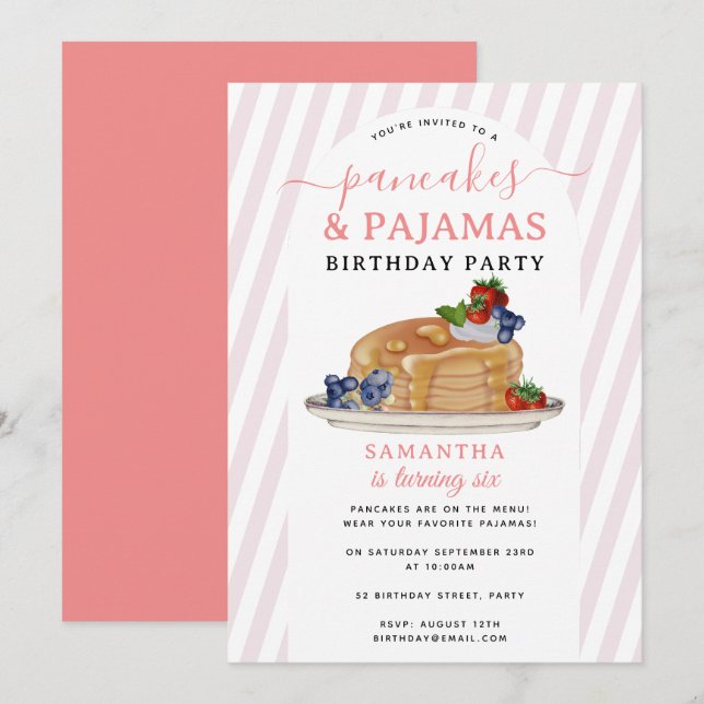 Pancakes Pajamas PJ's Girl Kids Birthday Party Invitation (Front/Back)