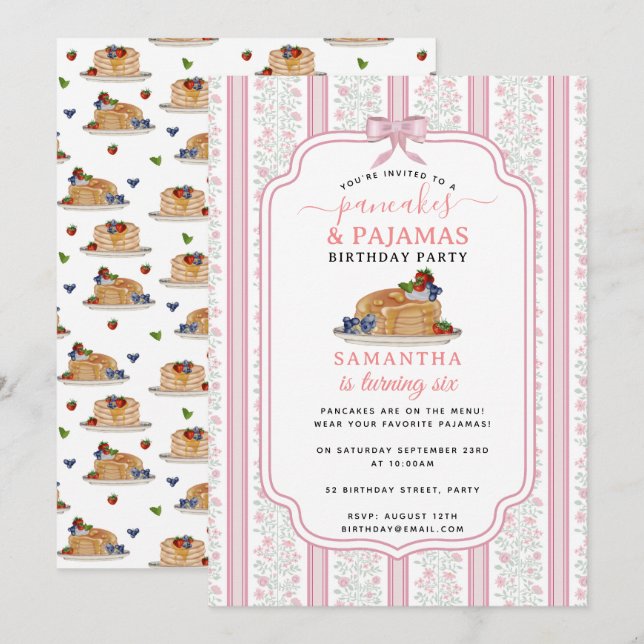 Pancakes Pajamas PJ's Girl Kids Birthday Party Invitation (Front/Back)