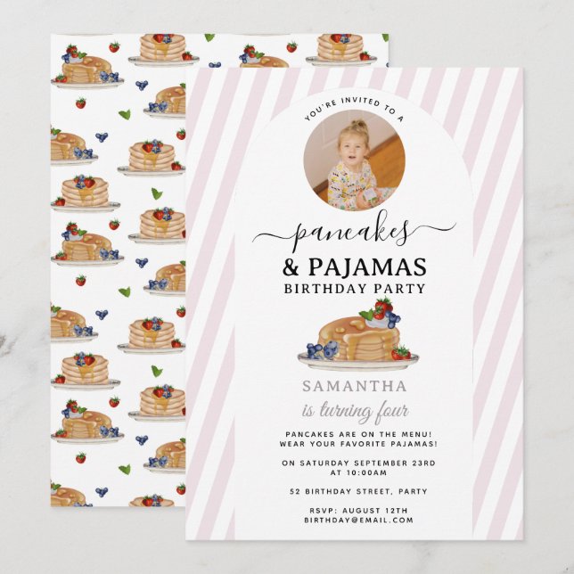 Pancakes Pajamas PJ's Girl Kids Birthday Photo Invitation (Front/Back)