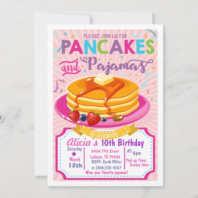 Pancakes Pyjamas Birthday invite Girl party (Front)