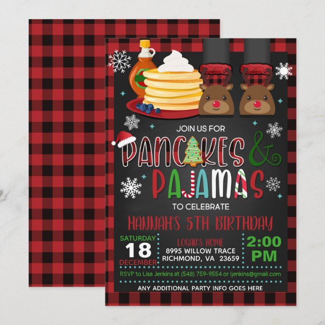 Pancakes & Pyjamas Christmas Birthday Invitation B (Front/Back)
