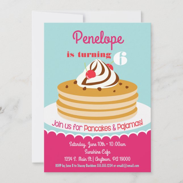 Pancakes Pyjamas Invitation Girls Birthday Party (Front)