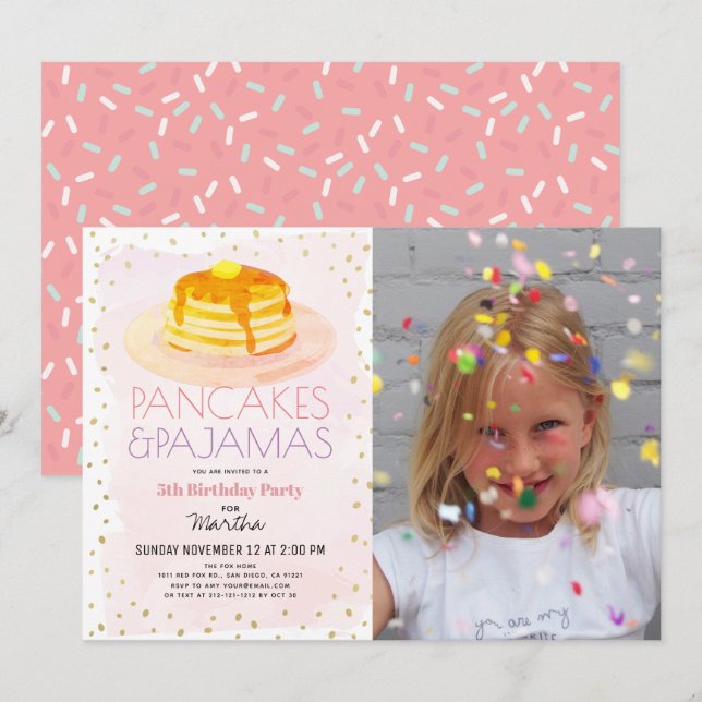 Pancakes & Pyjamas Pink Gold Girl Photo Birthday Invitation (Front/Back)