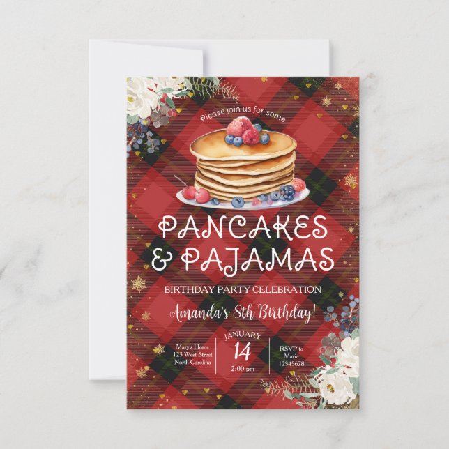 Pancakes & Pyjamas Red Plaid Christmas Birthday Invitation (Front)
