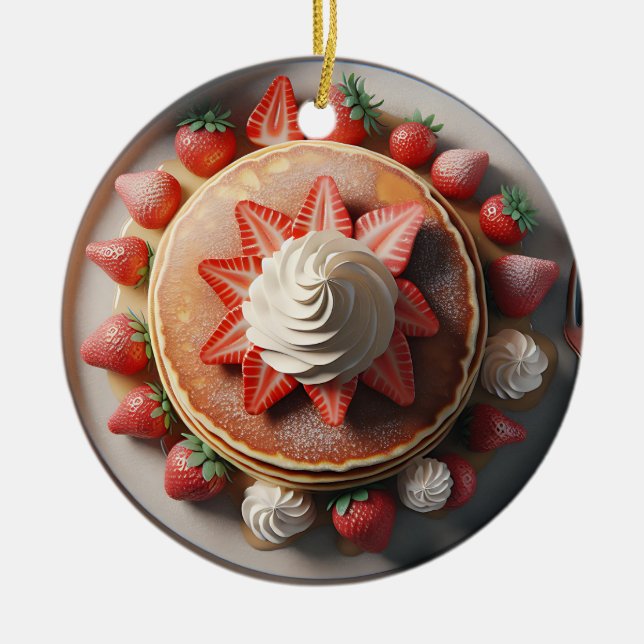 Pancakes Whipped Cream and Strawberries Christmas Ceramic Tree Decoration (Front)