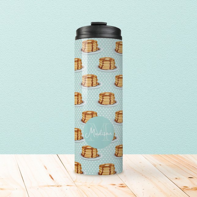 Pancakes with Maple Syrup & Polkadot Pattern Thermal Tumbler (Pancake Pattern Tumbler with Monogram)