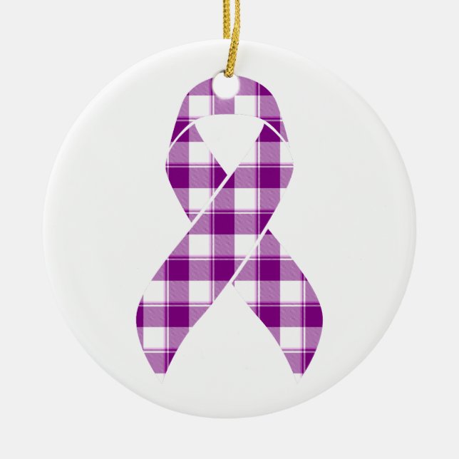 Pancreatic Cancer Awareness Plaid Purple Ribbon Ceramic Tree Decoration (Front)