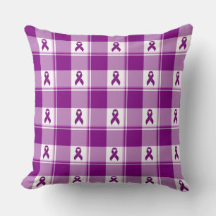 Pancreatic Cancer Awareness Plaid Purple Ribbon Cushion