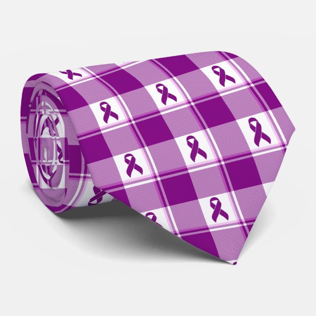 Pancreatic Cancer Awareness Plaid Purple Ribbon Tie (Rolled)