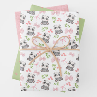 Panda and Bows Wrapping Paper Flat Sheet Set of 3