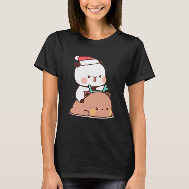 Panda And Brownie Bear Couple, Merry Christmas T-Shirt (Front)