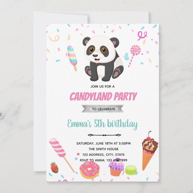 Panda and candy birthday theme Invitation (Front)