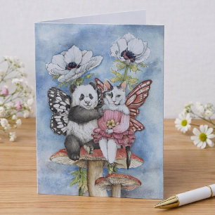 Panda and Cat Fairy Friends with Anemone Flowers Card