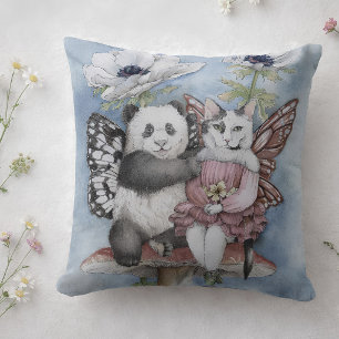 Panda and Cat Fairy Friends with Anemone Flowers Cushion