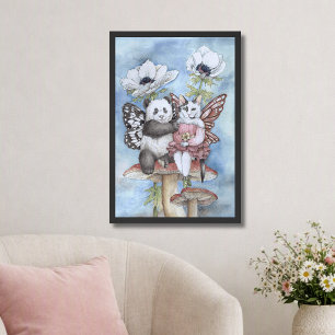 Panda and Cat Fairy Friends with Anemone Flowers Poster