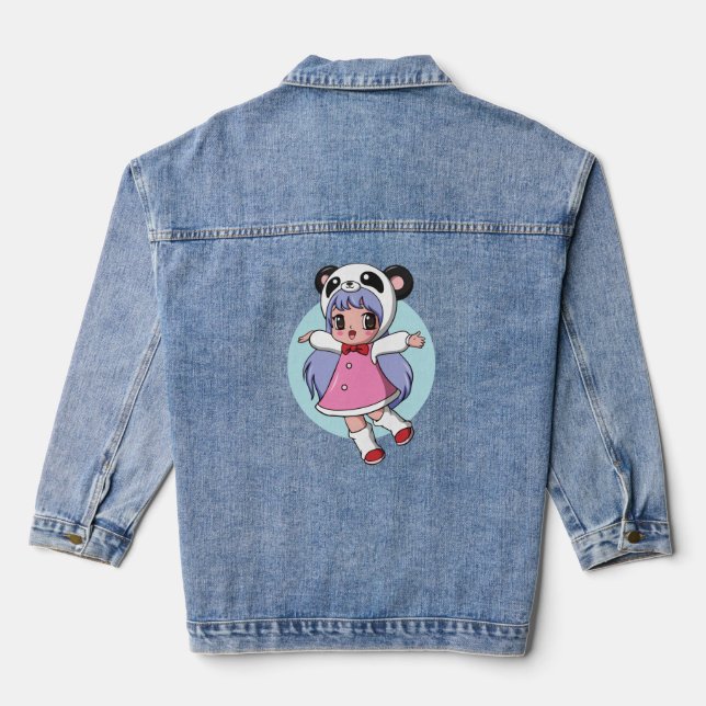 Panda Angel: Adorable Anime Girl Soaring High Denim Jacket (Back)