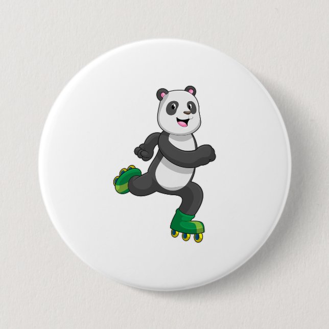 Panda as Inline skater with Roller skates 7.5 Cm Round Badge (Front)