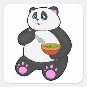 Panda at Eating with Spoon & Bowl Square Sticker