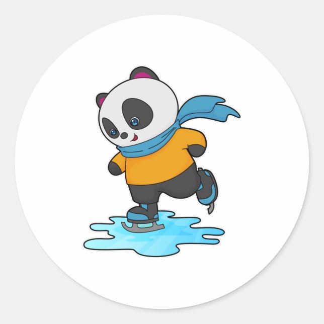 Panda at Ice skating with Ice skates & Scarf Classic Round Sticker (Front)