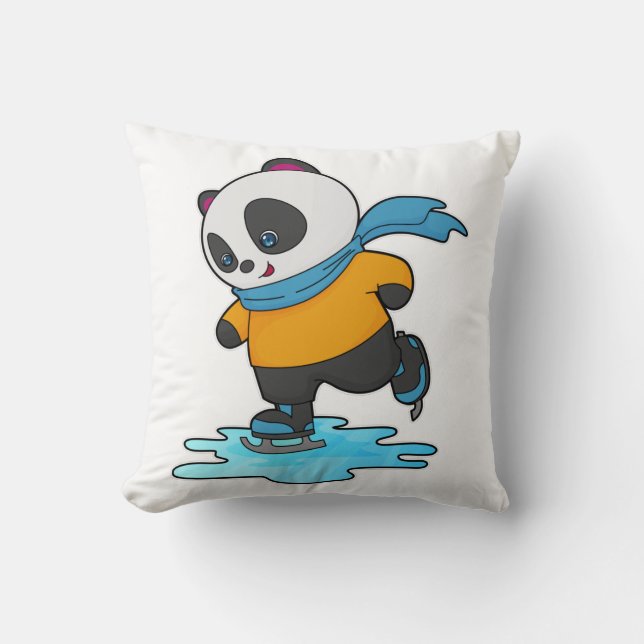 Panda at Ice skating with Ice skates & Scarf Cushion (Front)