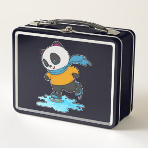 Panda at Ice skating with Ice skates & Scarf Metal Lunch Box