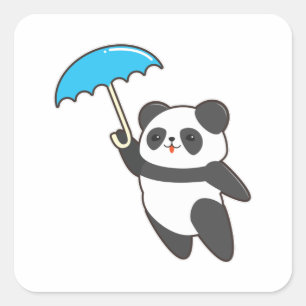 Panda at Rain with Umbrella Square Sticker