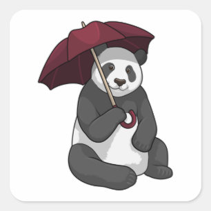 Panda at Rain with Umbrella Square Sticker