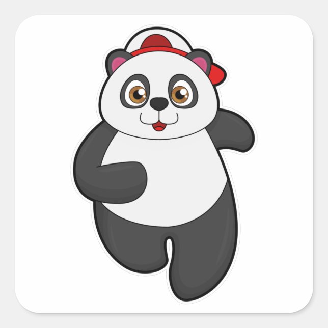 Panda at Running with Cap Square Sticker (Front)