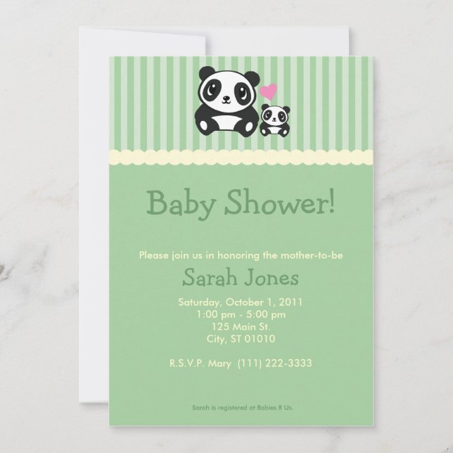 Panda Baby Shower - Green Invitation (Front)