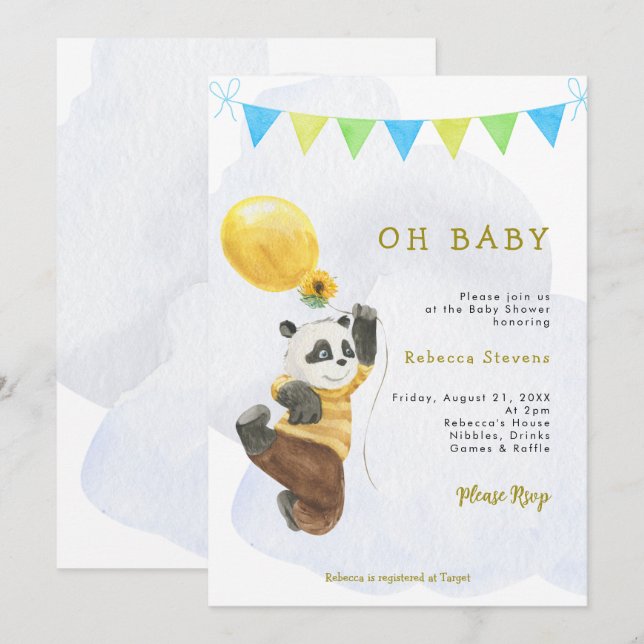 panda balloon boy baby shower invitation (Front/Back)