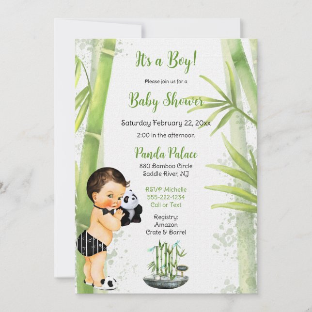 Panda Bamboo Theme Baby Boy Black White Green Invitation (Front)